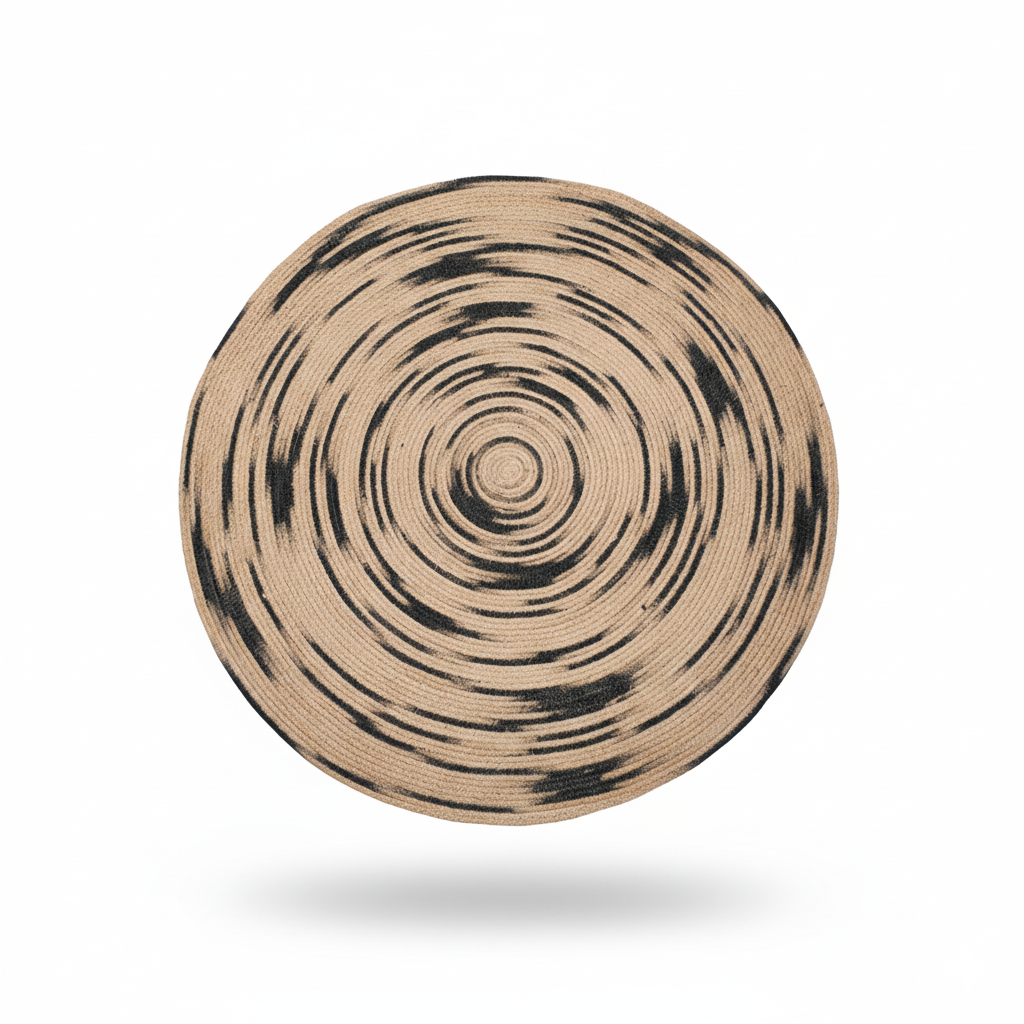 Abstract Splatter Round Jute Rug - Natural with Black Marbled Effect || GERA 202503
