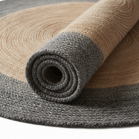 Modern Two-Tone Round Jute Rug - Natural & Charcoal Border || GERA 202501