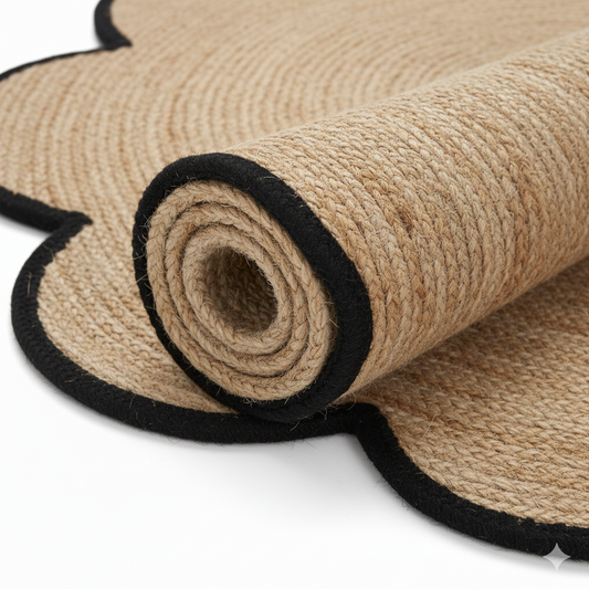 Chic Scalloped Jute Area Rug - Flower Shape with Black Border || GERA 202504
