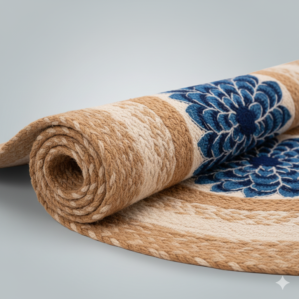 Artisan Circular Jute Rug - Two-Tone Braid with Blue Center || GERA 202509