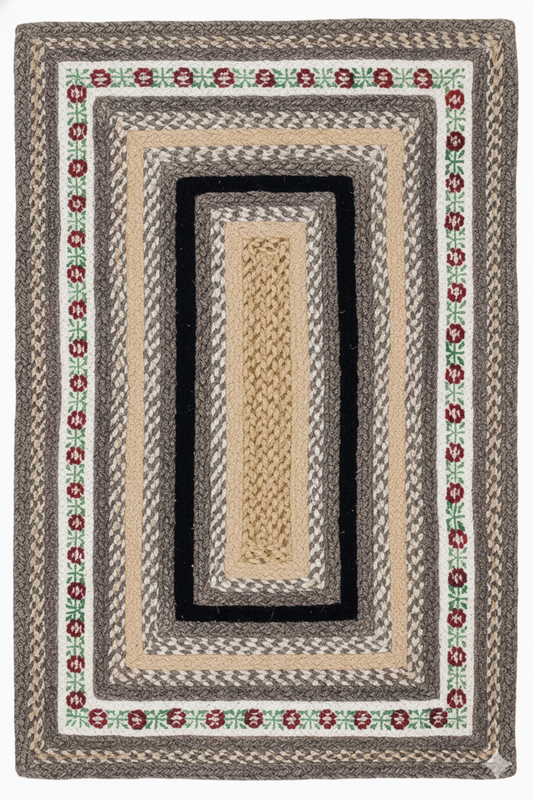 Traditional Farmhouse Braided Jute Rug - Floral Border & Multi-Tone Neutrals || GEREA 202502