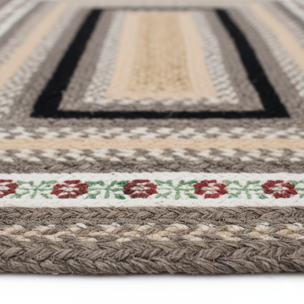 Traditional Farmhouse Braided Jute Rug - Floral Border & Multi-Tone Neutrals || GEREA 202502