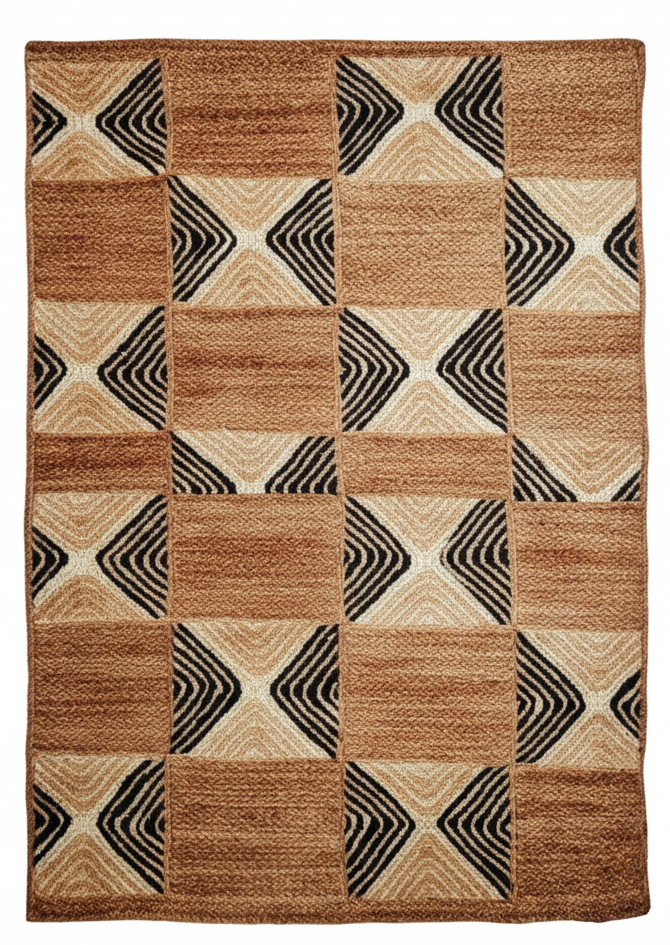Artisan Earth Tone Jute Rug - Geometric Check & Patterned Weave || GEREA 202505