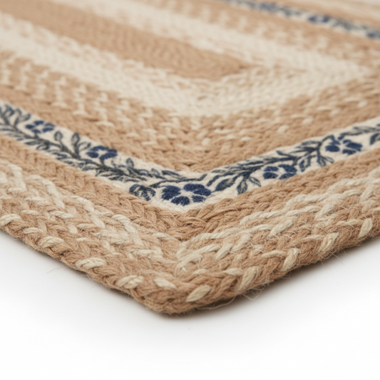 Hand-Braided Natural Jute Rug with Blue Floral Border || GEREA 202506