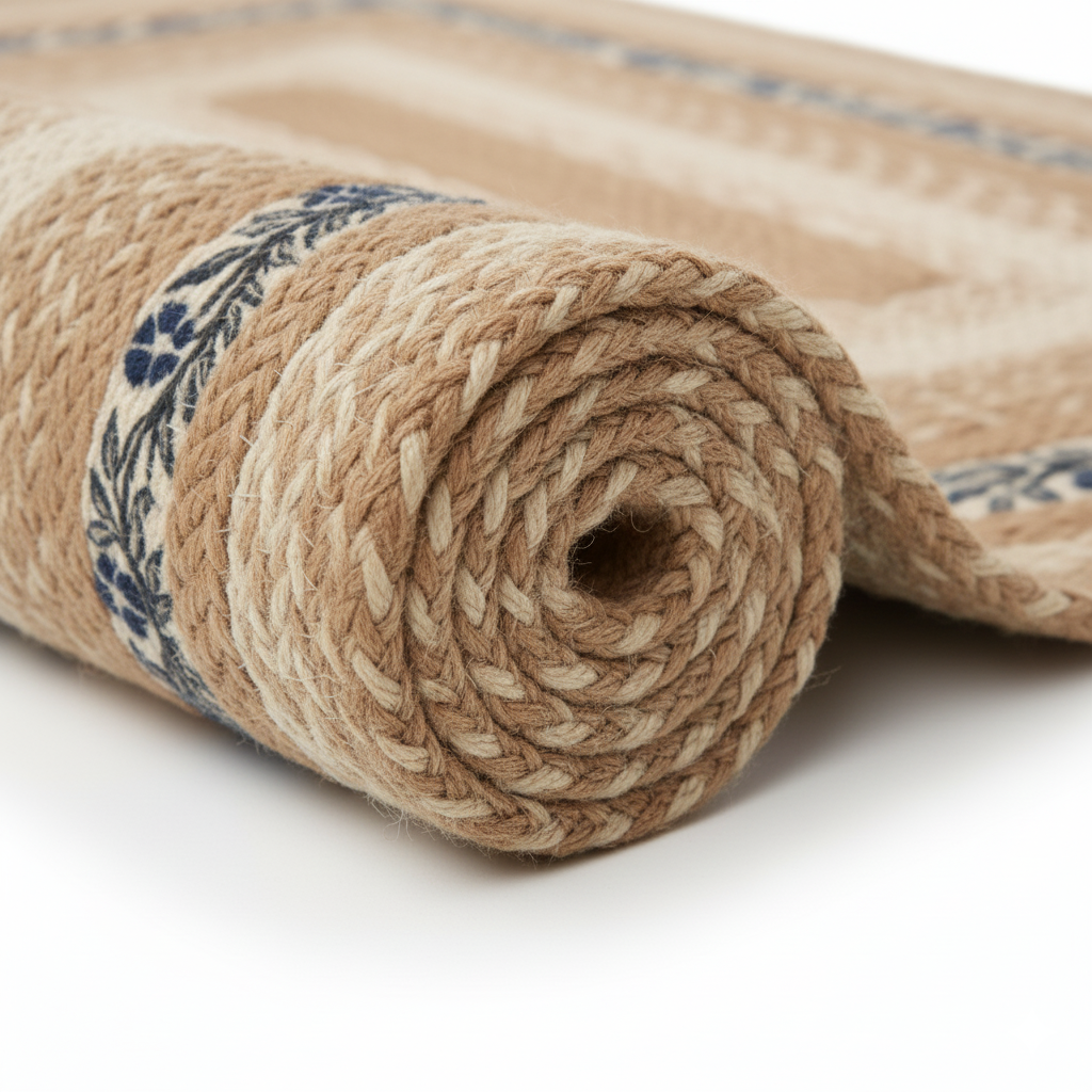 Hand-Braided Natural Jute Rug with Blue Floral Border || GEREA 202506