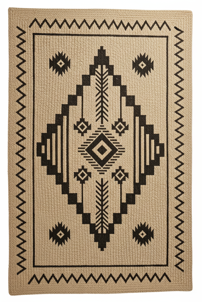 Bold Geometric Black & Jute Hand-Woven Area Rug || GEREO 202503