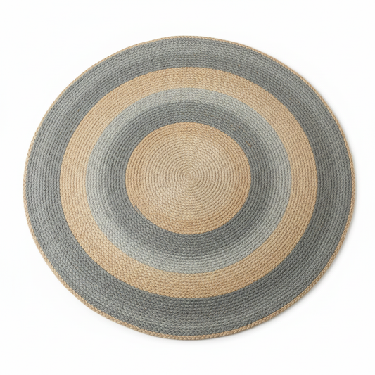 Muted Gray & Natural Hand-Braided Round Jute Rug || GERO 202506