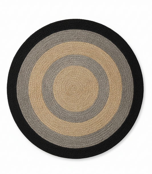 Modern Black, Gray & Natural Round Jute Rug || GERO 202507
