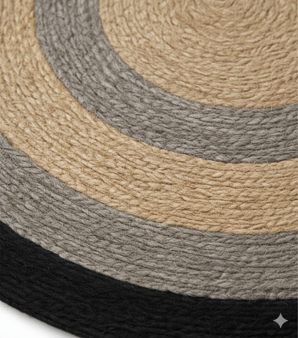 Modern Black, Gray & Natural Round Jute Rug || GERO 202507