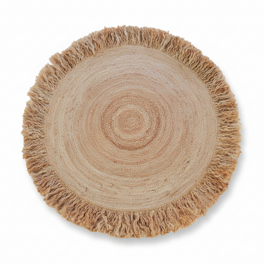 Handwoven Round Jute Area Rug with Fringed Border