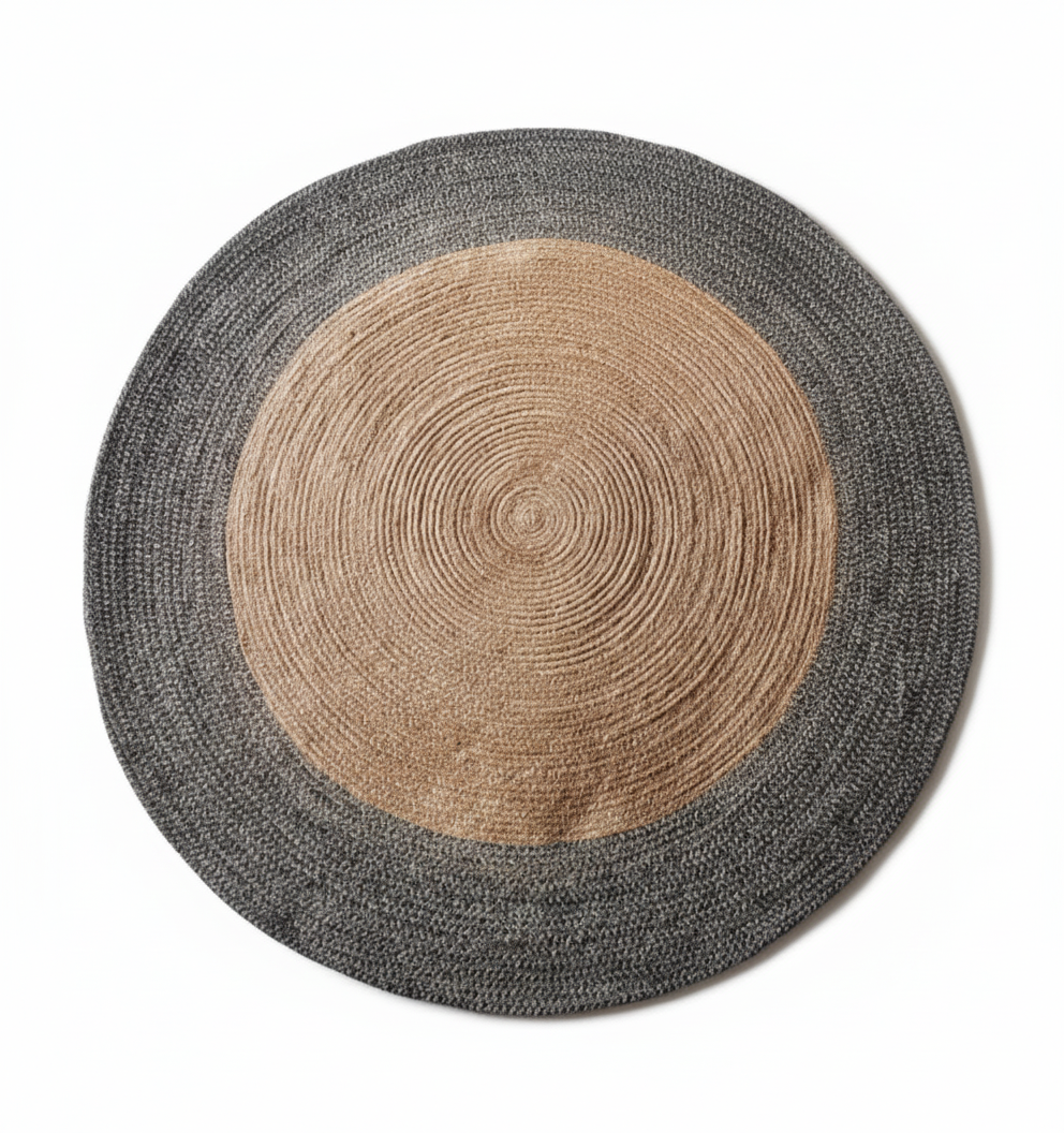 Modern Two-Tone Round Jute Rug - Natural & Charcoal Border || GERA 202501