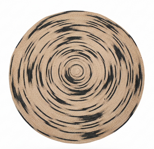 Abstract Splatter Round Jute Rug - Natural with Black Marbled Effect || GERA 202503