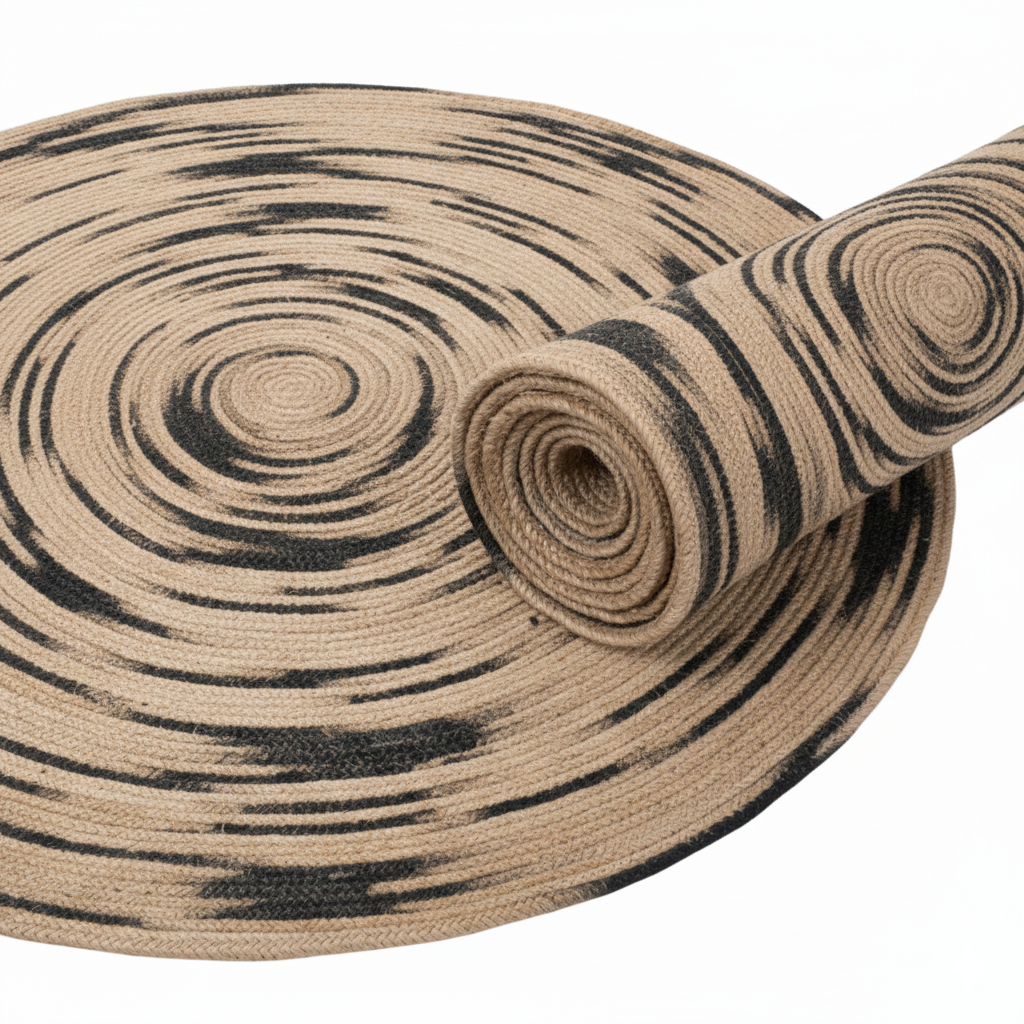 Abstract Splatter Round Jute Rug - Natural with Black Marbled Effect || GERA 202503