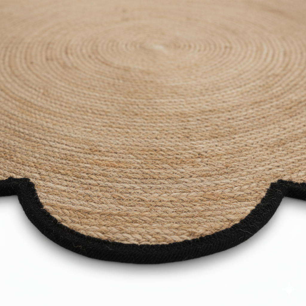 Chic Scalloped Jute Area Rug - Flower Shape with Black Border || GERA 202504