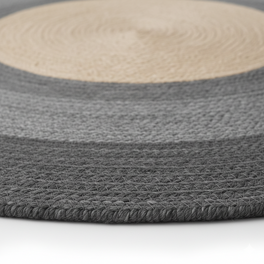 Modern Ombre Round Jute Rug - Natural, Mid-Grey, &amp; Charcoal Tri-Tone || GERA 202505