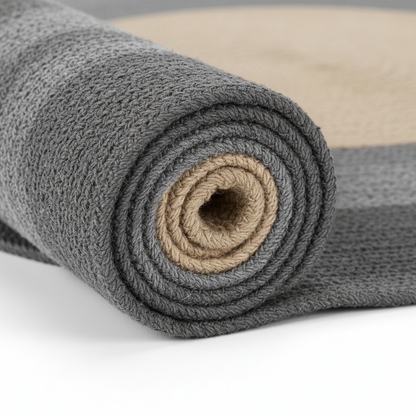Modern Ombre Round Jute Rug - Natural, Mid-Grey, &amp; Charcoal Tri-Tone || GERA 202505