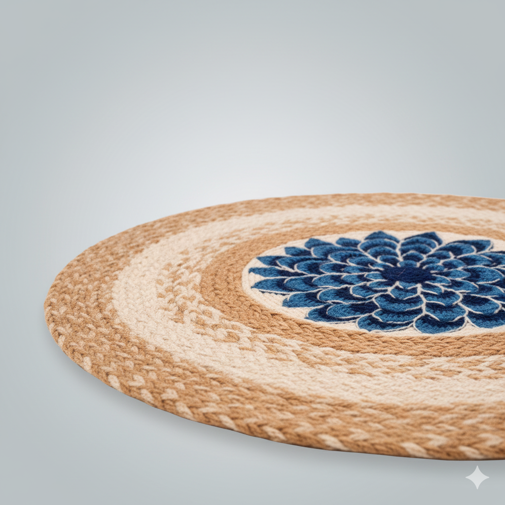 Artisan Circular Jute Rug - Two-Tone Braid with Blue Center || GERA 202509