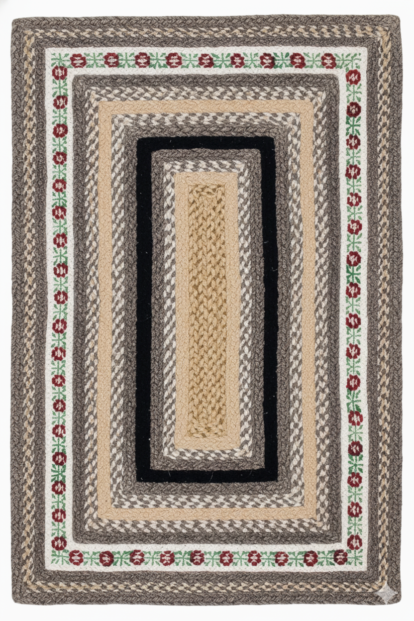 Traditional Farmhouse Braided Jute Rug - Floral Border &amp; Multi-Tone Neutrals || GEREA 202502
