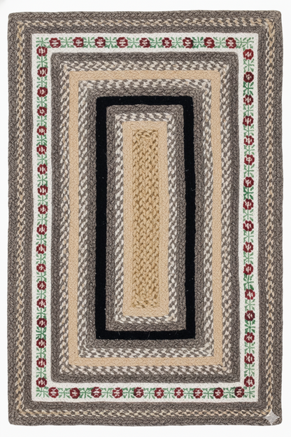Traditional Farmhouse Braided Jute Rug - Floral Border &amp; Multi-Tone Neutrals || GEREA 202502