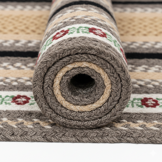 Traditional Farmhouse Braided Jute Rug - Floral Border & Multi-Tone Neutrals || GEREA 202502