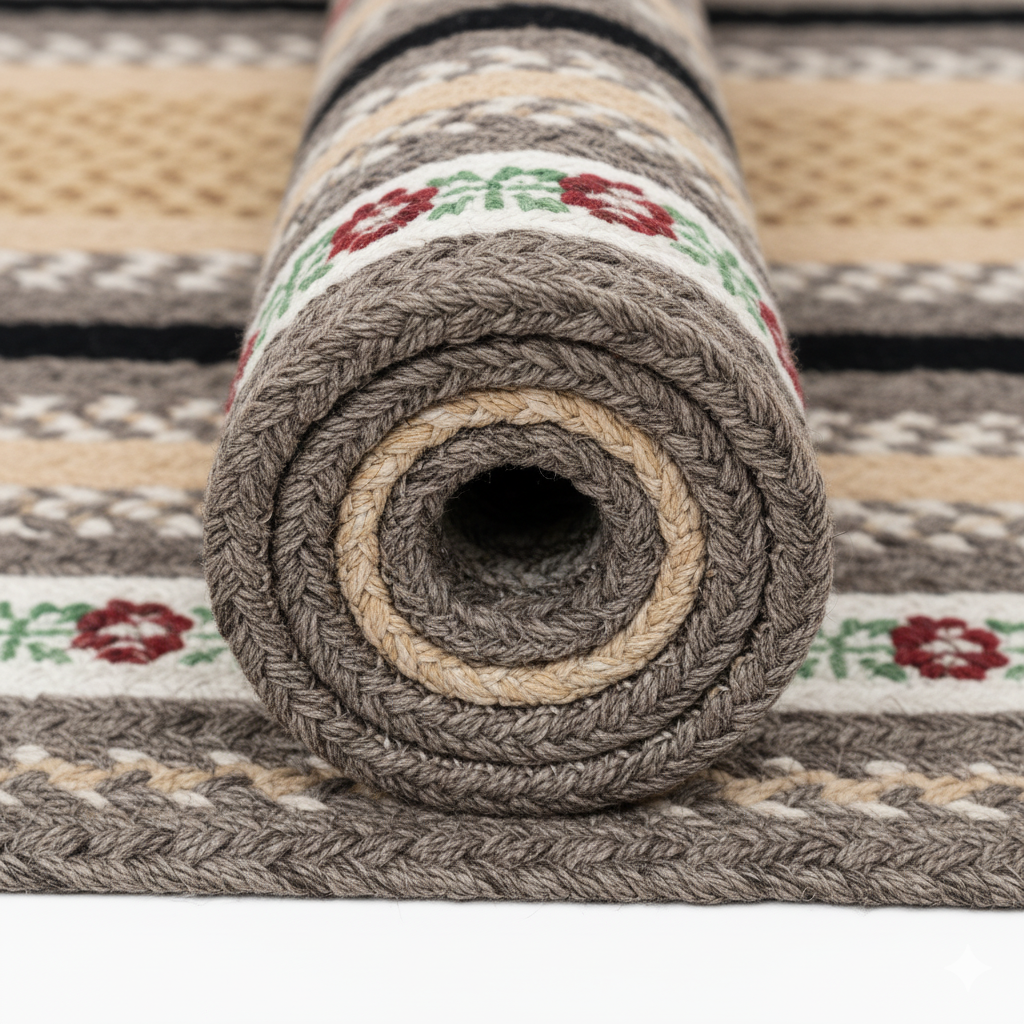 Traditional Farmhouse Braided Jute Rug - Floral Border &amp; Multi-Tone Neutrals || GEREA 202502