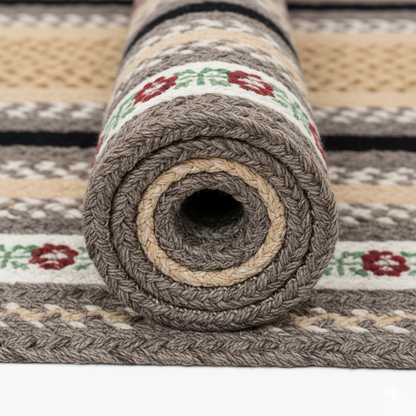 Traditional Farmhouse Braided Jute Rug - Floral Border &amp; Multi-Tone Neutrals || GEREA 202502