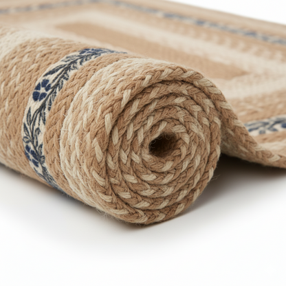 Hand-Braided Natural Jute Rug with Blue Floral Border || GEREA 202506