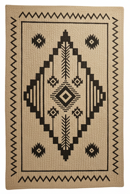 Bold Geometric Black &amp; Jute Hand-Woven Area Rug || GEREO 202503