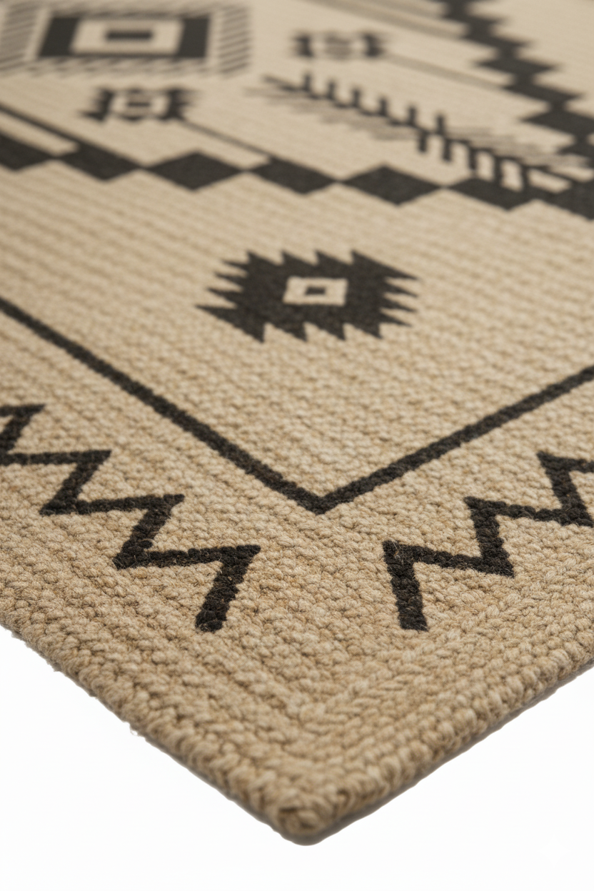 Bold Geometric Black &amp; Jute Hand-Woven Area Rug || GEREO 202503