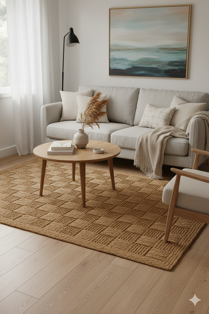 Natural Jute Rope Checkerboard Rug - High-Texture Rectangular Design || GEREO 202505