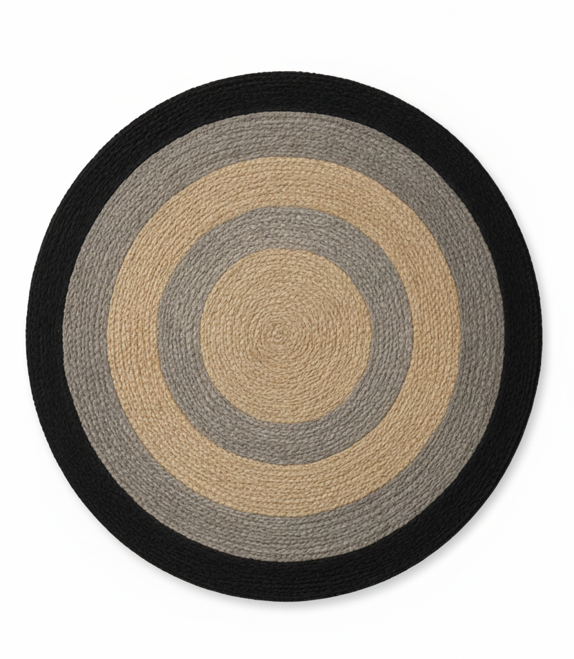 Modern Black, Gray &amp; Natural Round Jute Rug || GERO 202507