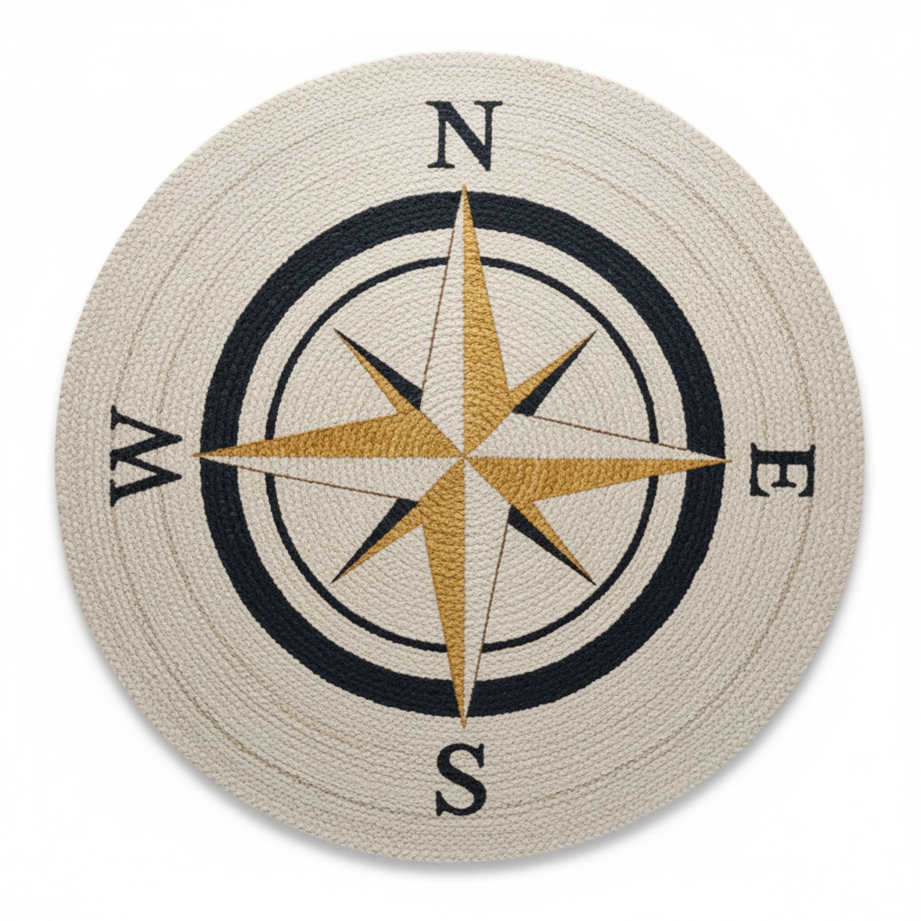 Nautical Compass Rose Hand-Braided Round Jute Rug || GERO 202509