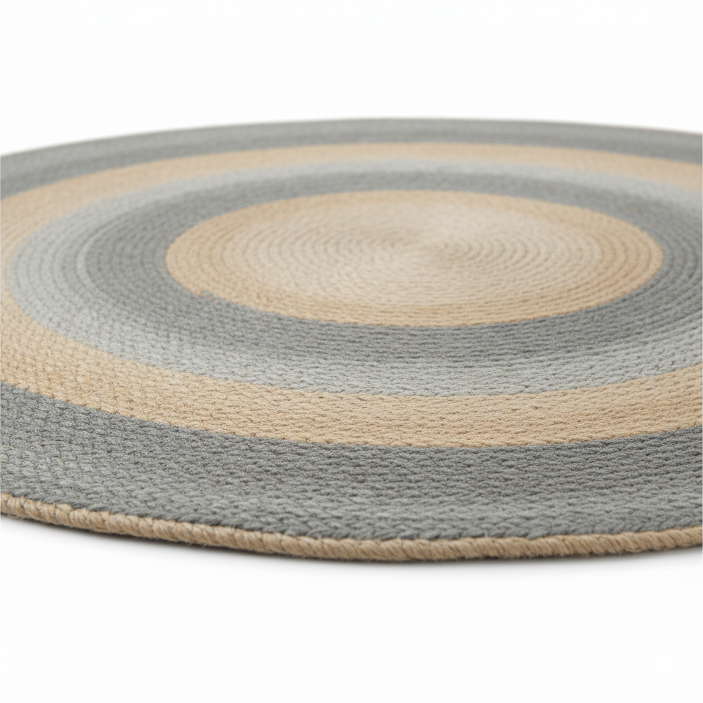 Muted Gray &amp; Natural Hand-Braided Round Jute Rug || GERO 202506
