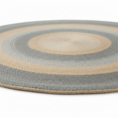 Muted Gray &amp; Natural Hand-Braided Round Jute Rug || GERO 202506