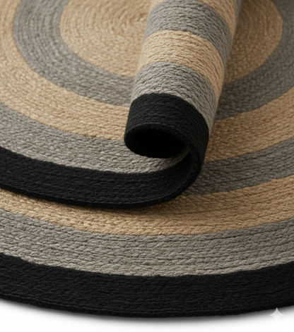 Modern Black, Gray &amp; Natural Round Jute Rug || GERO 202507
