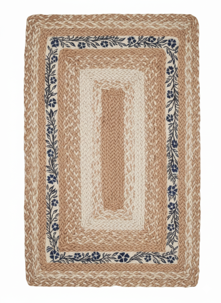 Hand-Braided Natural Jute Rug with Blue Floral Border || GEREA 202506
