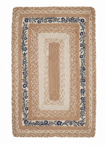 Hand-Braided Natural Jute Rug with Blue Floral Border || GEREA 202506