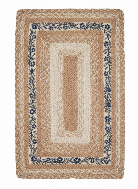 Hand-Braided Natural Jute Rug with Blue Floral Border || GEREA 202506